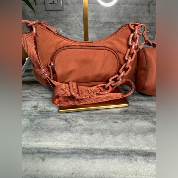 Zara Womens Burnt Orange Crossbody Bag with Chain Pocket Pouch - Picture 3 of 7